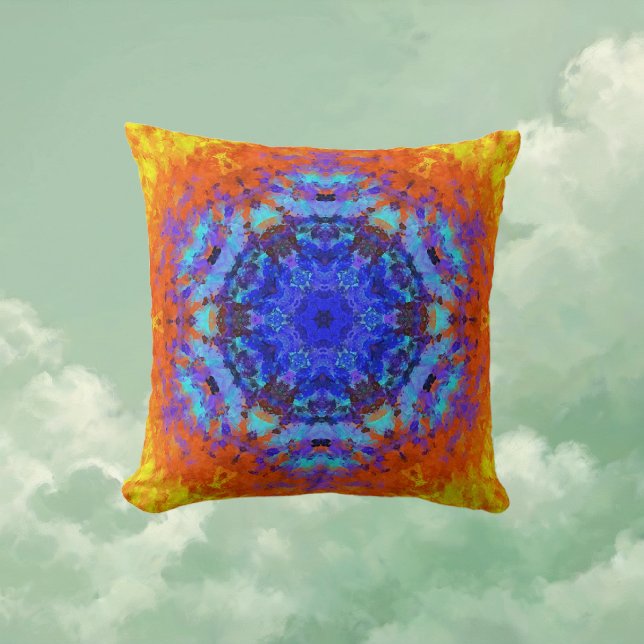 Digital Mandala Blue-Orange och -Gult Kudde (Blue Orange and Yellow Digital Mandala Throw Pillow by Wormhole Orbital)