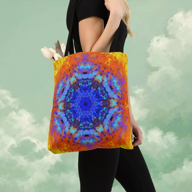 Digital Mandala Blue-Orange och -Gult Tygkasse (Blue Orange and Yellow Digital Mandala Tote Bag by Wormhole Orbital)