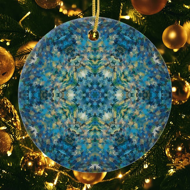 Digital Mandala Blue White och Gult Julgransprydnad Keramik (Skapare uppladdad)