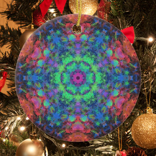 Digital Mandala Grönt Blue Orange and Rosa Julgransprydnad Keramik