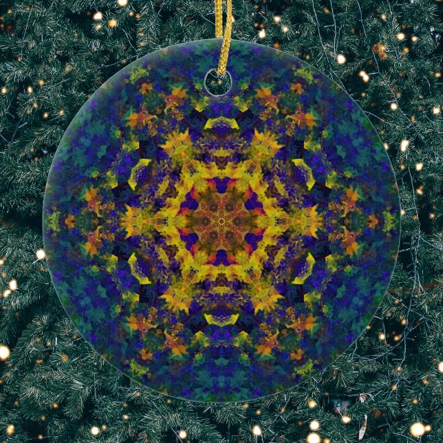 Digital Mandala Gult Blue och Grönt Julgransprydnad Keramik (Yellow Blue and Green Digital Paint Mandala Ornament by Wormhole Orbital)