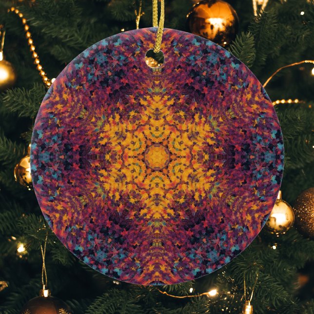 Digital Mandala Gult Blue och Lila Julgransprydnad Keramik (Skapare uppladdad)