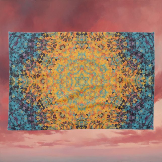 Digital Mandala Gult Blue och Red Kökshandduk (Yellow Blue and Red Digital Mandala Kitchen Towel by Wormhole Orbital)