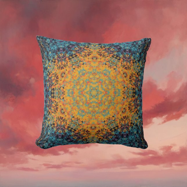Digital Mandala Gult Blue och Red Kudde (Yellow Blue and Red Digital Mandala Throw Pillow by Wormhole Orbital)