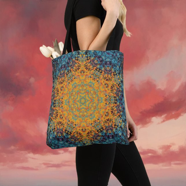 Digital Mandala Gult Blue och Red Tygkasse (Yellow Blue and Red Digital Mandala Tote Bag by Wormhole Orbital)