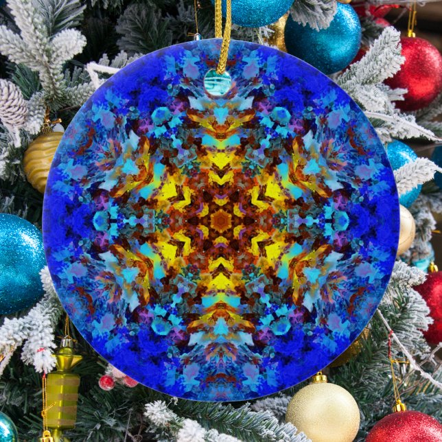 Digital Mandala Gult och Blue Julgransprydnad Keramik (Skapare uppladdad)