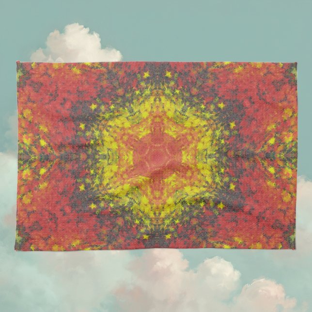 Digital Mandala Gult Red and Black Kökshandduk (Yellow and Red Digital Paint Mandala Kitchen Towel By Wormhole Orbital)