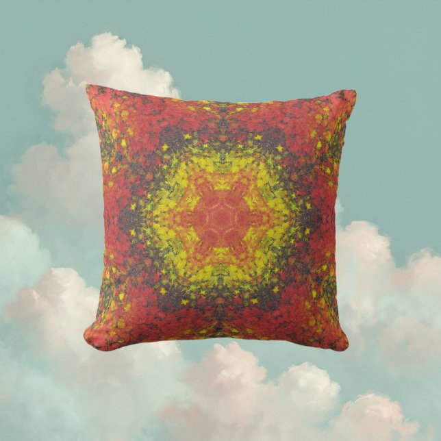 Digital Mandala Gult Red and Black Kudde (Yellow and Red Digital Paint Mandala Throw Pillow By Wormhole Orbital)