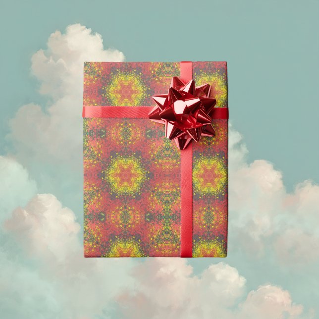 Digital Mandala Gult Red and Black Presentpapper (Yellow and Red Digital Paint Mandala Wrapping Paper By Wormhole Orbital)