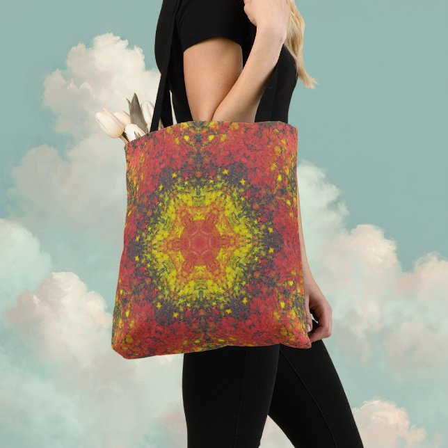 Digital Mandala Gult Red and Black Tygkasse (Yellow and Red Digital Paint Mandala Tote Bag By Wormhole Orbital)