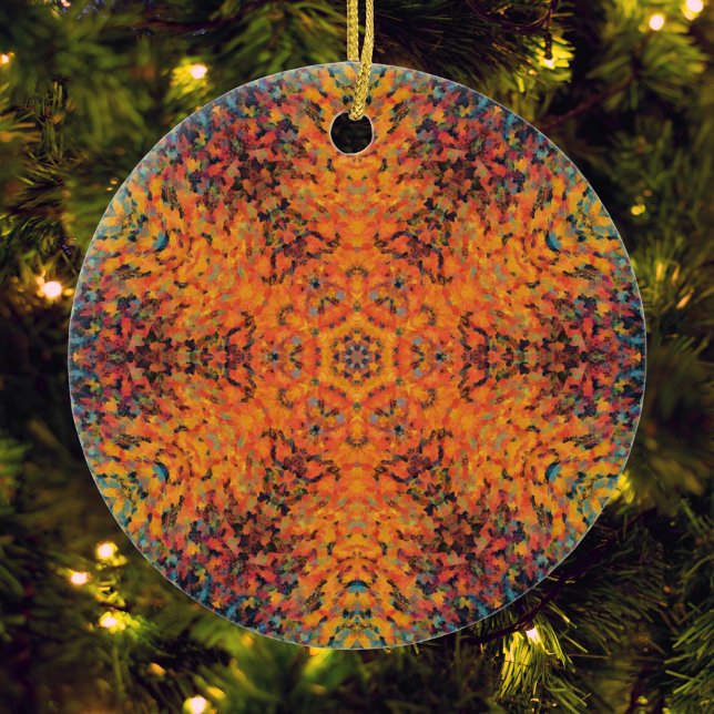Digital Mandala Orange Blue och Gult Julgransprydnad Keramik (Orange Yellow and Blue Digital Paint Mandala Ornament by Wormhole Orbital)