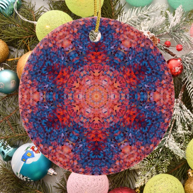 Digital Mandala Orange Blue och Red Julgransprydnad Keramik (Skapare uppladdad)
