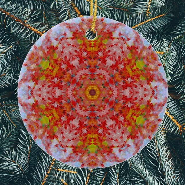 Digital Mandala Red Gult och Blue Julgransprydnad Keramik (Red Yellow and Blue Digital Paint Mandala Ornament by Wormhole Orbital)