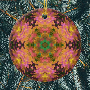 Digital Mandala Rosa Gult och Grönt Julgransprydnad Keramik
