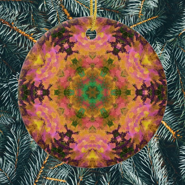 Digital Mandala Rosa Gult och Grönt Julgransprydnad Keramik (Pink Yellow and Green Digital Paint Mandala Ornament by Wormhole Orbital)