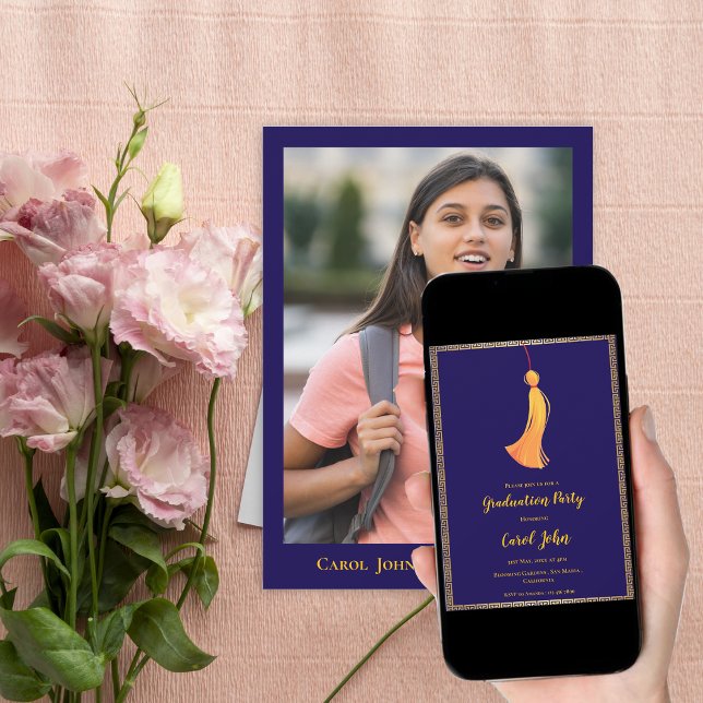 Digital Navy Blue Gold Tassel Graduation Party Inbjudningar (Digital Graduation Party Invitation | Navy Blue Gold Tassel Graduation Invite)