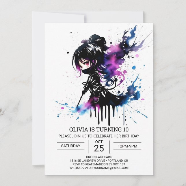 Digital Pastel Ninja Girl Birthday Inbjudningar (Framsida)