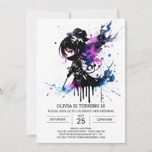 Digital Pastel Ninja Girl Birthday Inbjudningar