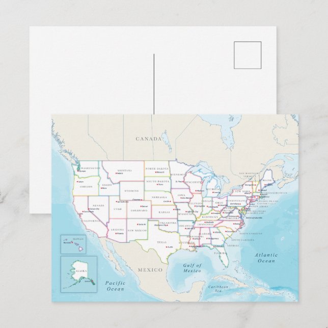 Digital politisk karta över USA. Vykort (Fram/baksida)