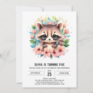 Digital Rosa Raccoon Girl Birthday Inbjudningar