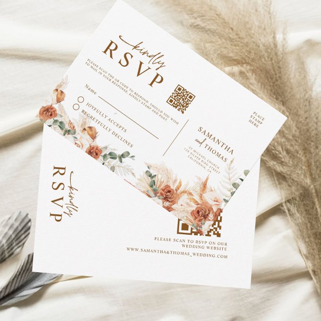 Digital Rustik Terrakotta Blommig QR-kod Bröllop OSA Kort (Skapare uppladdad)