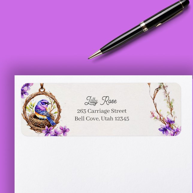 Digital vattenfärg Fintvätt Blåfåglar i hägn Returadress Etikett (Skapare uppladdad)