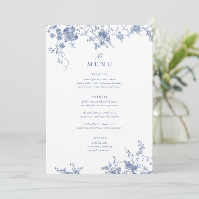 Digital Victorian Blue Blommigt Bröllop Bord Menu Inbjudningar (Stående Fram)