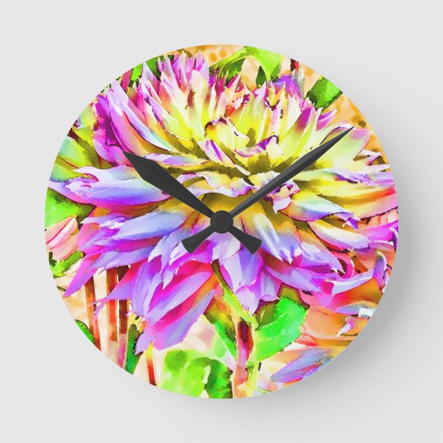 Digital Watercolor Dahlia Gift Rund Klocka (Framsida)