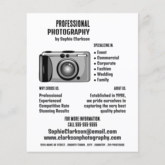 Digitalkameraikonfotograf, fotouthyrning flygblad (Framsidan)