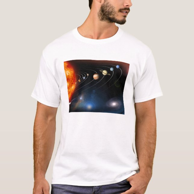 Digitalt genererad bild av vårt solsystem t-shirt (Framsida)