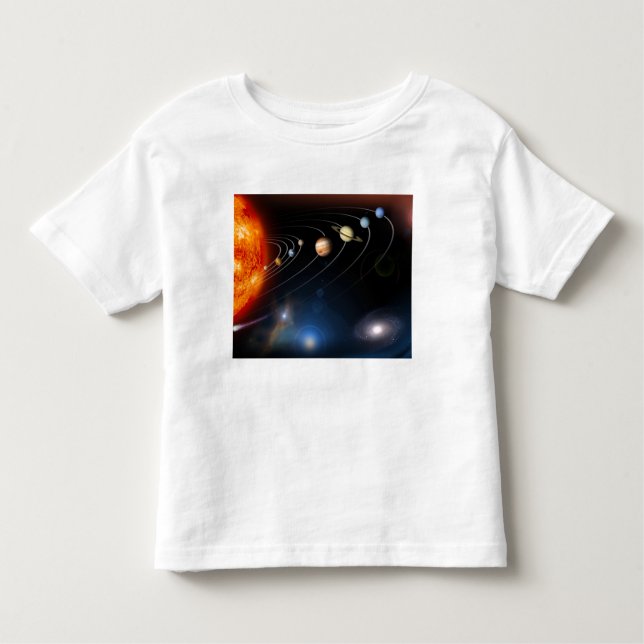Digitalt genererad bild av vårt solsystem tee shirt (Framsida)