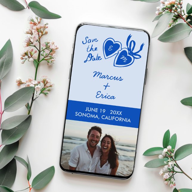 Digitalt hjärtesmycke Anpassad bild Spara datumet (Digital Download eCard Heart Locket Custom Photo Wedding Save the Date Blue
)