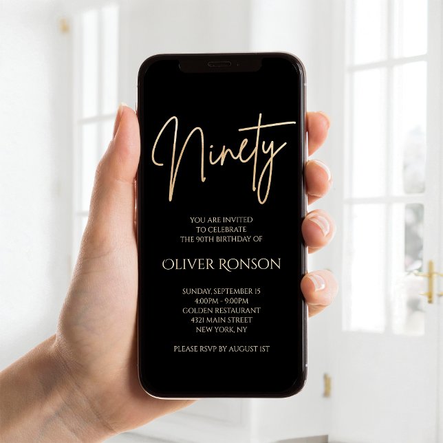 Digitalt svart guld 90-års födelsedags mobil inbju meddelande (Digital Black Gold 90th Birthday Mobile Invite)