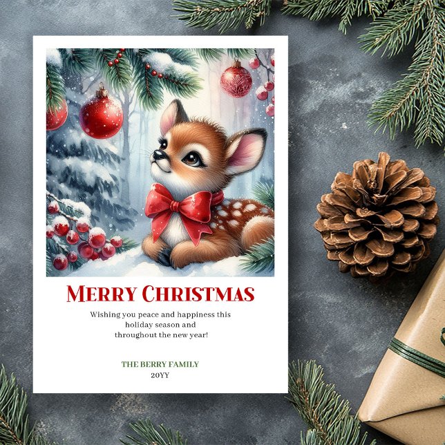 Digitalt vattenfärgsscen med barnrådjur i vinterla julkort (Digital Baby Fawn Winter Scene Watercolor Christmas Greeting

)