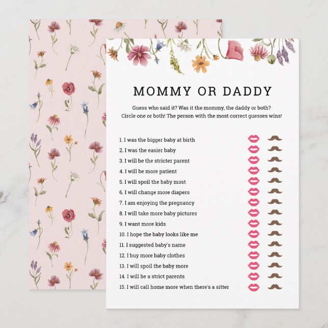 DigitalWildblomma Baby Shower-Mamma eller pappa-sp Inbjudningar (Fram/baksida)