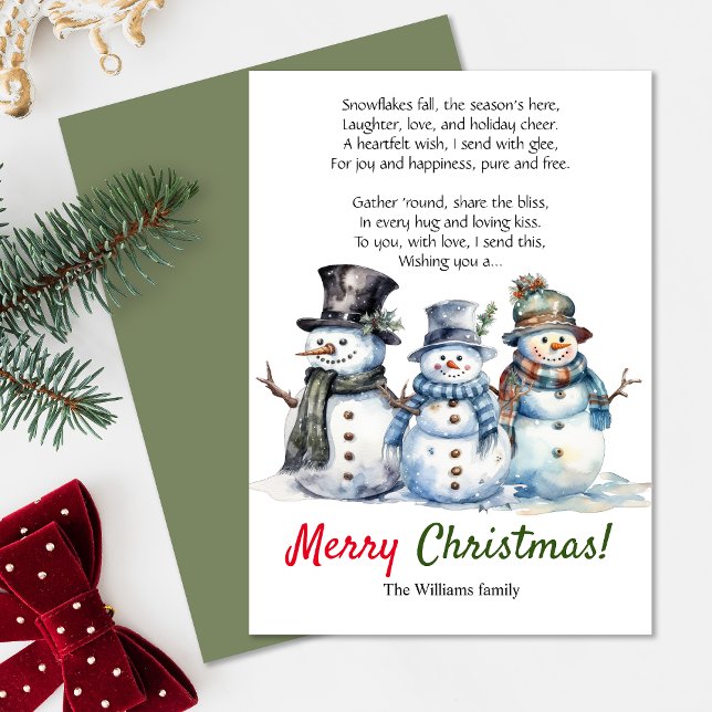 Dikt-kort för god jul Snögubbe Helgdag Meddelande (Spread festive cheer with this 'Merry Christmas' snowmen greeting card featuring a heartfelt poem.)