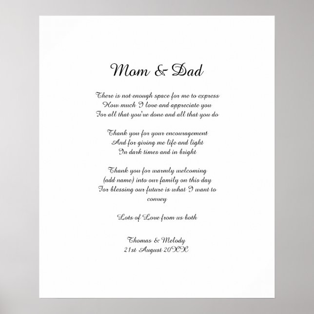 Dikt Parents Bride Groom Bröllop Tack Gift Poster (Framsidan)
