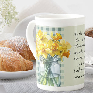 Dikt till någon Speciell Grönt Gingham Daffodils Benporslin Mugg
