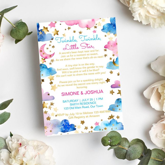 Dikt visas om du vill ha en liten gender med dubbl inbjudningar (Twinkle twinkle little star poem gender reveal party template invitation instant download pink blue)
