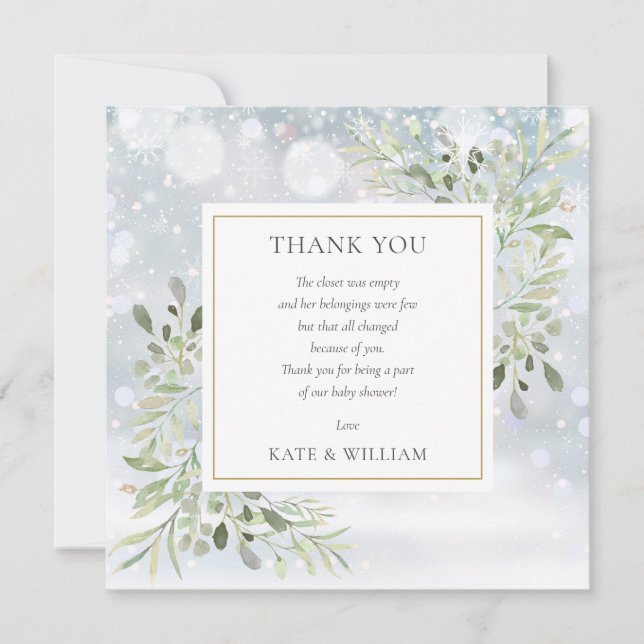 Dikt Winter Snöflingor Greenery Baby Shower Tack Kort (Framsida)