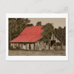 Dilapidated Red-Roofed Barn Postcard Vykort
