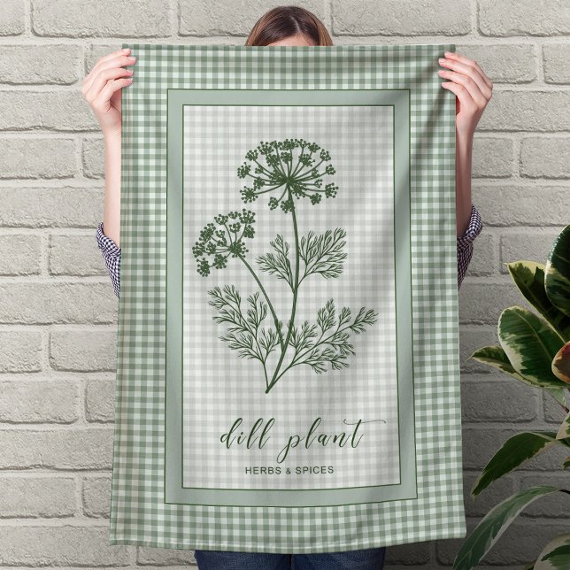 Dill ört köksduk – grön Gingham-kant Kökshandduk (Dill Herb Kitchen Towel – Green Gingham Border)