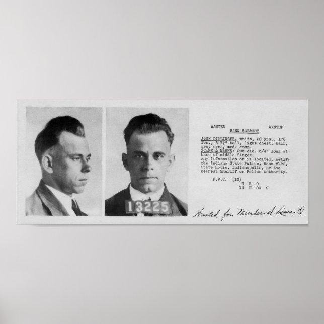 DILLINGER WANTED FILE-DOKUMENT 1933 POSTER (Framsidan)