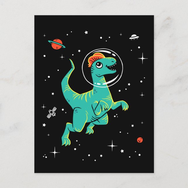 Dilofosaurus Dinos i Orange och skaldjur i rymden Vykort (Framsida)