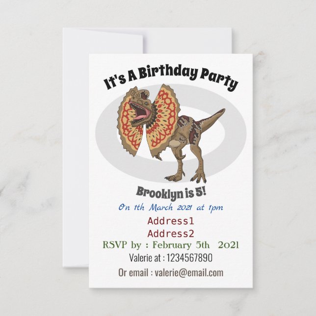 Dilofosaurus tecknad illustration inbjudningar (Framsida)