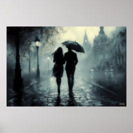 Dim romantisk nattpromenad i regn Konst Poster
