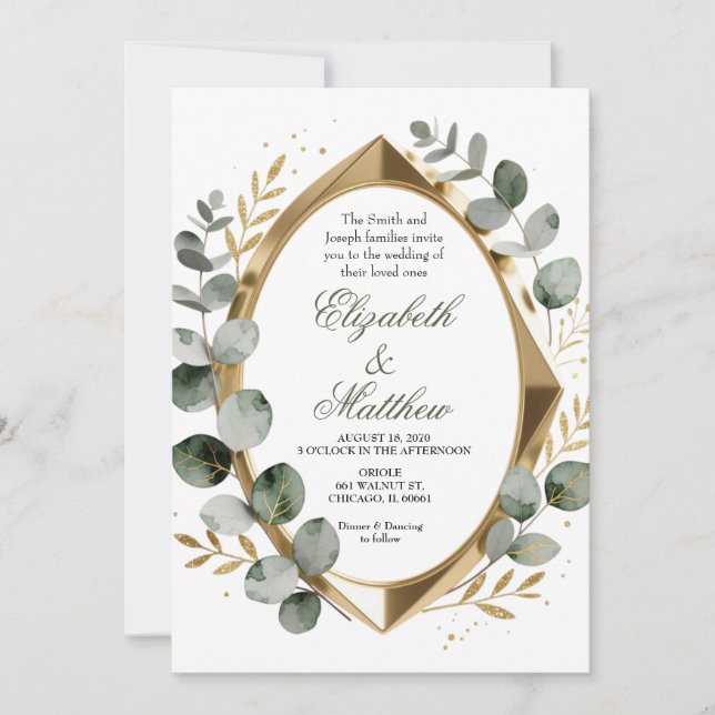 Dimensional Gold Eucalyptus Geometric Oval  Inbjudningar (Framsida)