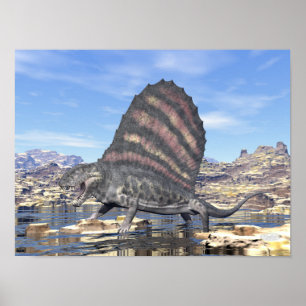 Dimetrodon stod i en damm i öknen poster