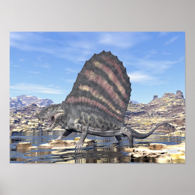 Dimetrodon stod i en damm i öknen poster (Framsidan)