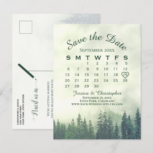 Dimgrön Skog Bröllop Spara Datum Kalender Meddelande Vykort (Fram/baksida)